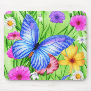 Tapis De Souris Beau Papillon Bleu avec fleurs Aquarelle