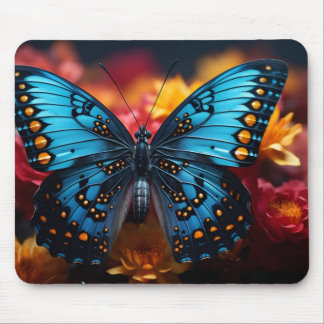 Tapis De Souris Beau Papillon Bleu et Jaune sur des Fleurs