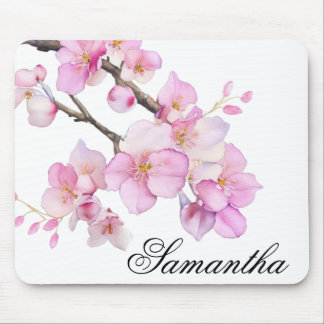 Tapis De Souris Beau script de fleurs de cerisiers rose aquarelle