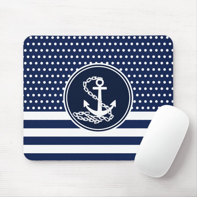 Tapis De Souris Beau Style Maritime, Ancre, Bleu Et Blanc (Avec souris)