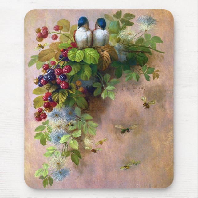 Tapis De Souris Beaux-arts d'abeilles et de baies d'oiseaux (Devant)