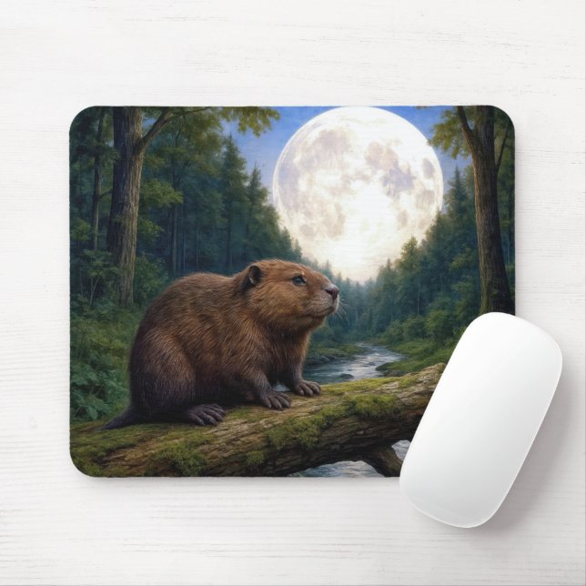 Tapis De Souris Beaver On a River Log in the Moonlight (Avec souris)
