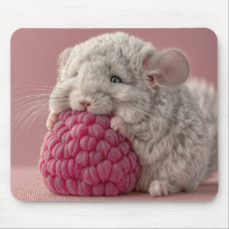 Tapis De Souris Bébé chinchilla adorable serrant un framboise géan