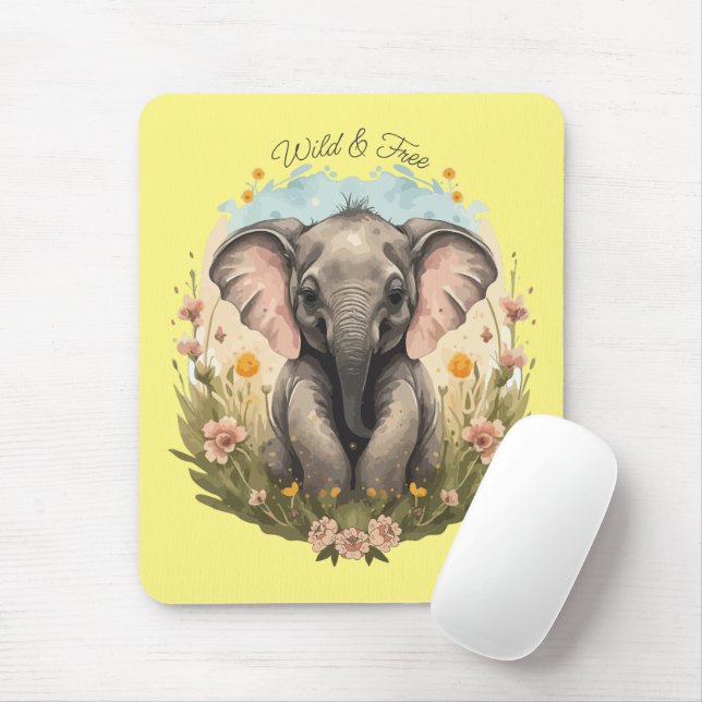 Tapis De Souris Bébé mignon Eléphant Calf Fleur sauvage Wanderlust (Avec souris)