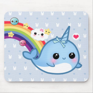 Tapis De Souris Bébé mignon narwhal avec l'arc-en-ciel, les nuag