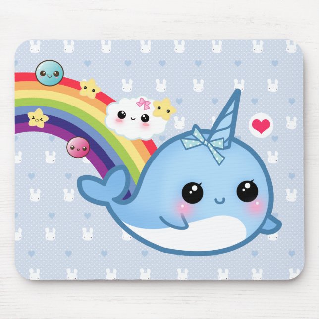 Tapis De Souris Bébé mignon narwhal avec l'arc-en-ciel, les nuages (Devant)