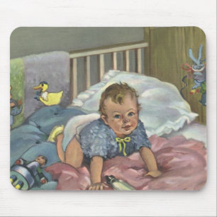 Tapis De Souris Bébé mignon vintage jouant dans un berceau, heure 