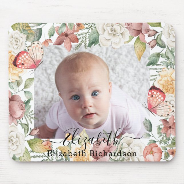 Tapis De Souris Bébé Photo Floral Rose Papillon rose Botanique (Devant)