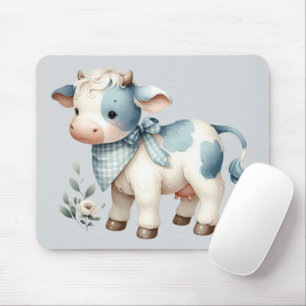 Tapis De Souris Bébé Vache Gingham Bleu Pastel Esthétique Ferme