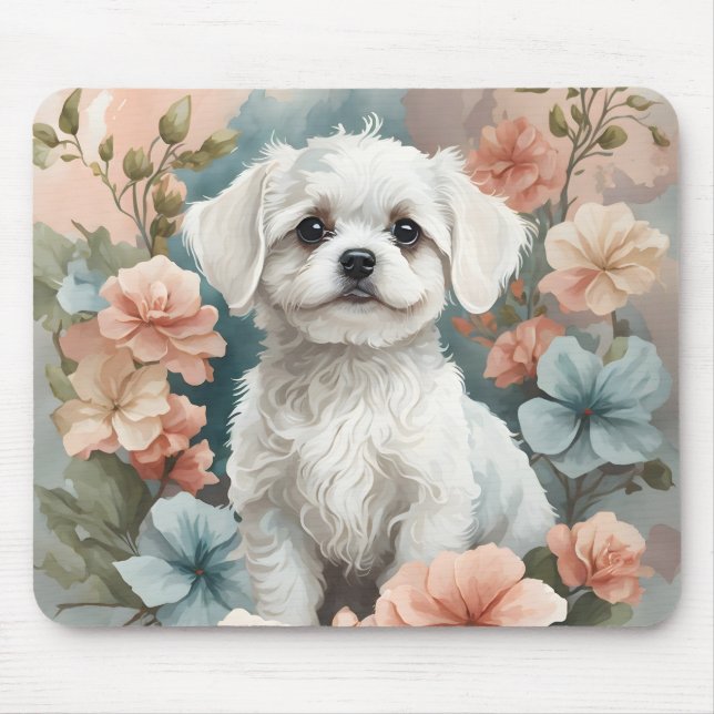 Tapis De Souris Bébés mignons animaux | Mignonne chiot maltais bla (Devant)