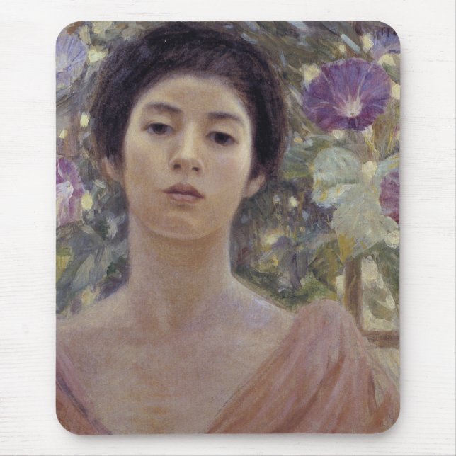Tapis De Souris Belle femme japonaise et fleurs de gloire du matin (Devant)