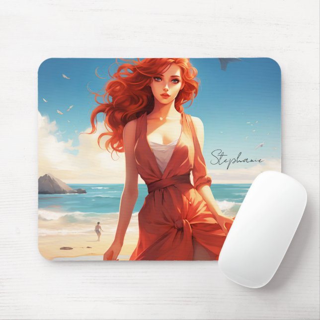 Tapis De Souris Belle Fille En Rouge À La Plage (Avec souris)