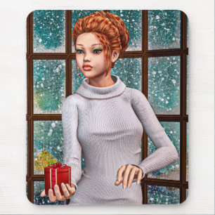 Tapis De Souris Belle Fille Tenant un Cadeau de Noël