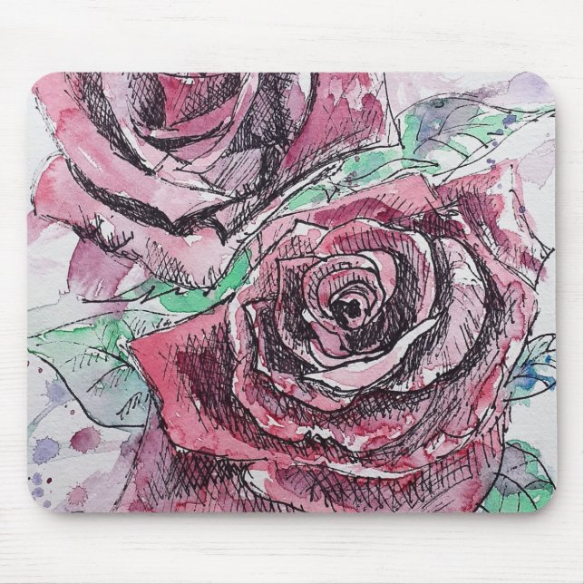 Tapis De Souris Belle peinture à l'aquarelle rouge Rose (Devant)