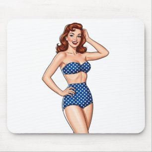Tapis De Souris Belle Pin-up rousse femme en maillot de bain bleu