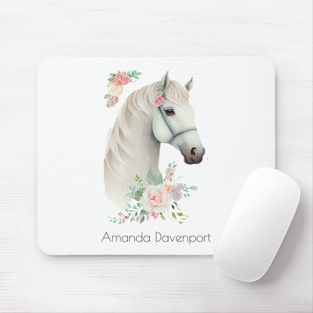 Tapis De Souris Belle tête de cheval blanc Boho Floral (Avec souris)
