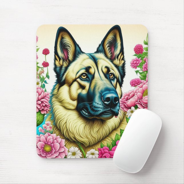 Tapis De Souris Berger allemand personnalisé et fleurs lunaires (Avec souris)