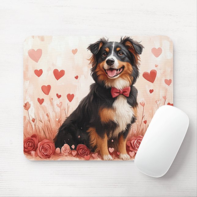 Tapis De Souris Berger australien avec Rose - Saint Valentin (Avec souris)
