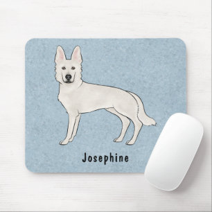 Tapis De Souris Berger Blanc Suisse Blanc GSD Chien Avec Nom Bleu