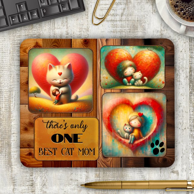 Tapis De Souris Best Cat Mom Art ou photo (Cat mom mouse pad featuring 3 colorful cat art works or your photos on an elegant wood design)