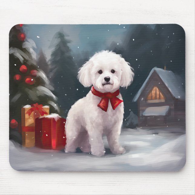 Tapis De Souris Bichon Frise Dog à Noël de neige (Devant)