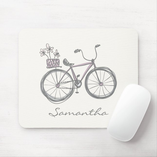 Tapis De Souris Bicyclette mignonne Dessin à Lilac | Nom personnal (Avec souris)