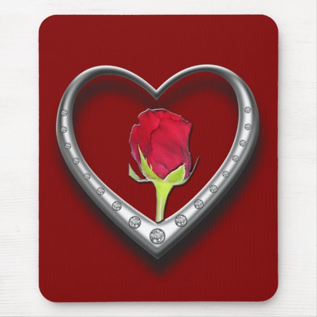 Tapis De Souris Bijoux en argent Saint-Valentin Coeur avec Rose ro (Devant)