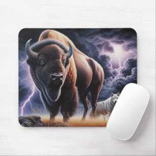Tapis De Souris Bison et loup dans un orage avec éclair 