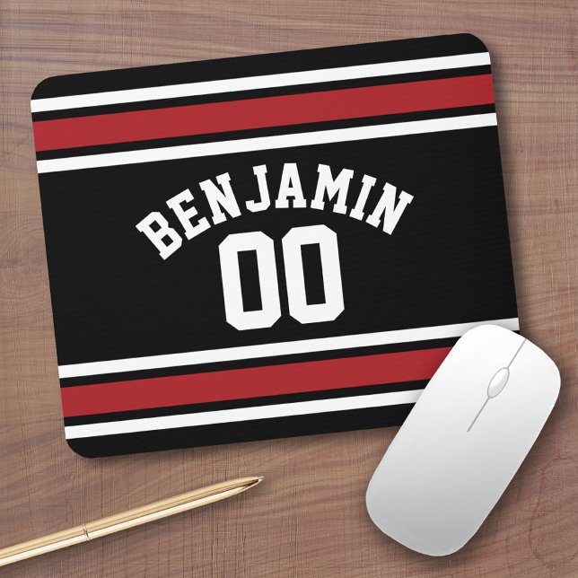 Tapis De Souris Black and Red Sports Jersey Nom personnalisé Numér (Personalized Mousepad - Sports Jersey Theme with custom name)