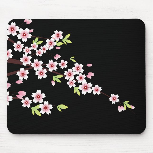 Tapis De Souris Black avec rose et vert cerisier en fleurs Sakura (Devant)