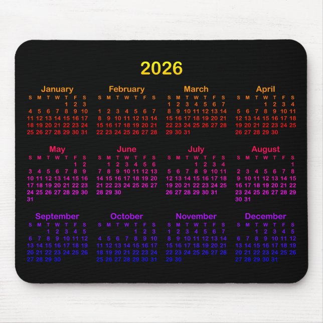 Tapis De Souris Black Bright Rainbow Gradient 2026 Calendar (Devant)