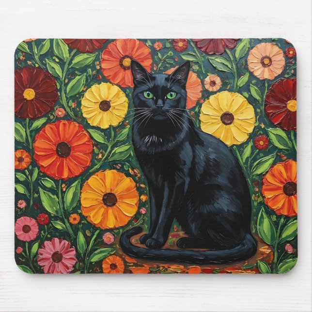 Tapis De Souris Black Cat and Colorful Folk Art Flowers (Devant)