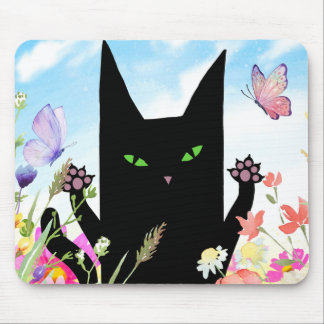 Tapis De Souris Black Cat Spring Fever:  Kitty and Flowers