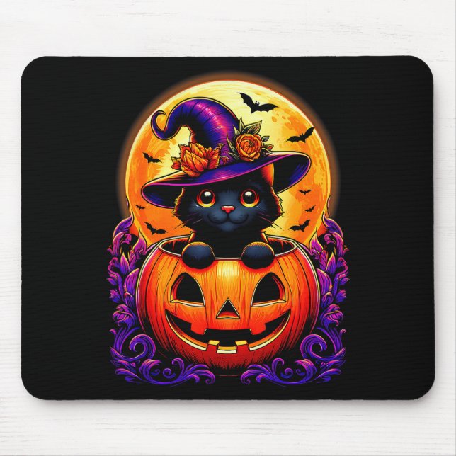 Tapis De Souris Black Cat Witch Hat Pumpkin Funny Halloween Men Wo (Devant)