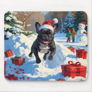 Tapis De Souris Black French Bulldog Festive de Noël Scène de neig