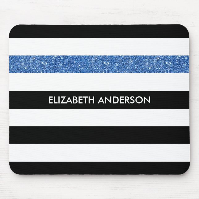 Tapis De Souris Black Stripes FAUX Blue Glitz and Name (Devant)