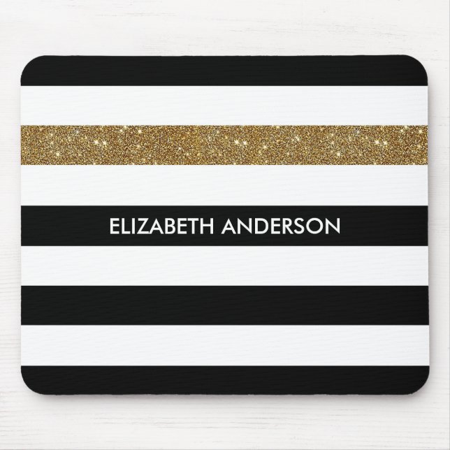 Tapis De Souris Black Stripes FAUX Gold Glitz et Nom (Devant)