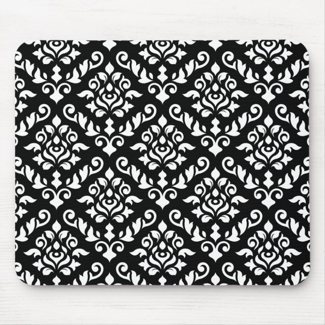 Tapis De Souris Blanc baroque de motif de damassé sur le noir (Devant)