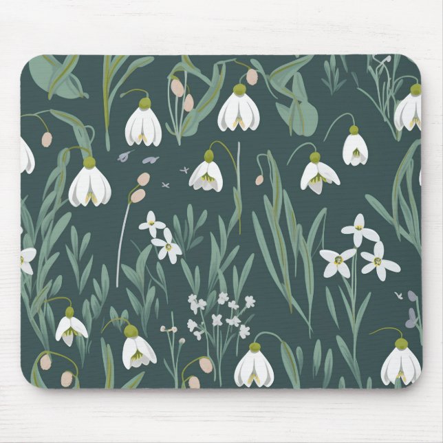 Tapis De Souris Blancs De Neige Fleurs Sur Vert (Devant)