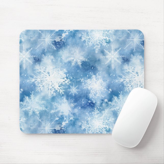 Tapis De Souris Bleu avec des flocons de neige Style aquarelle (Avec souris)