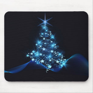 Tapis De Souris Bleu brillant des étoiles sur l'arbre de Noël fonc