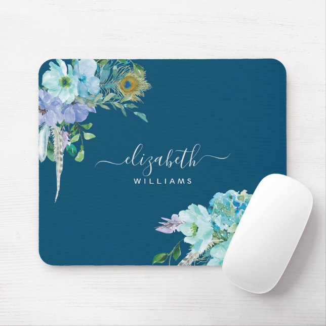 Tapis De Souris Bleu de la marine florale Feuillet botanique (Avec souris)