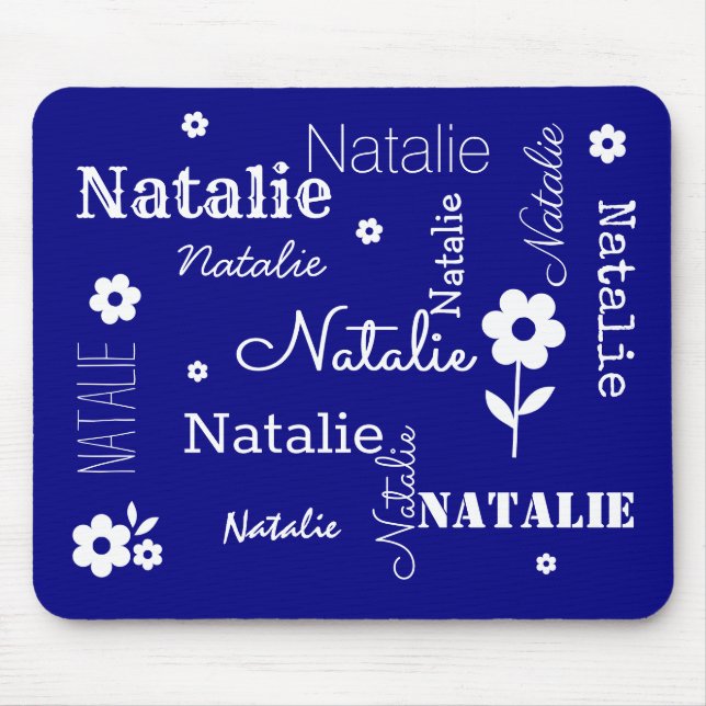 Tapis De Souris Bleu de marine avec fleurs blanches, Customisé Sou (Devant)