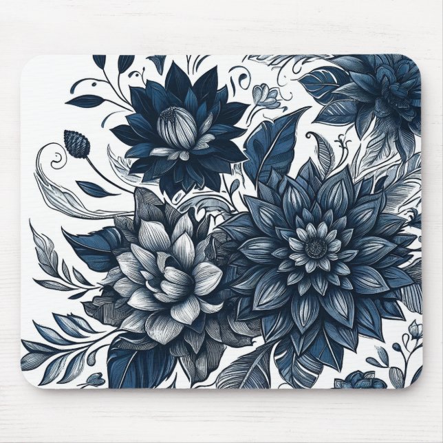 Tapis De Souris Bleu et blanc Bohème Floral Impression (Devant)