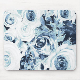 Tapis De Souris Bleu et blanc Hiver Floral Rose Vintage