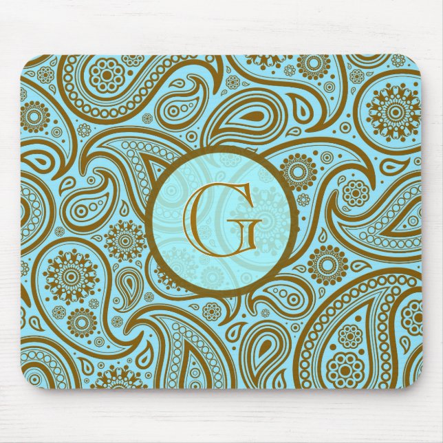 Tapis De Souris Bleu et Brown Paisley Retro Motif-Monogramme (Devant)