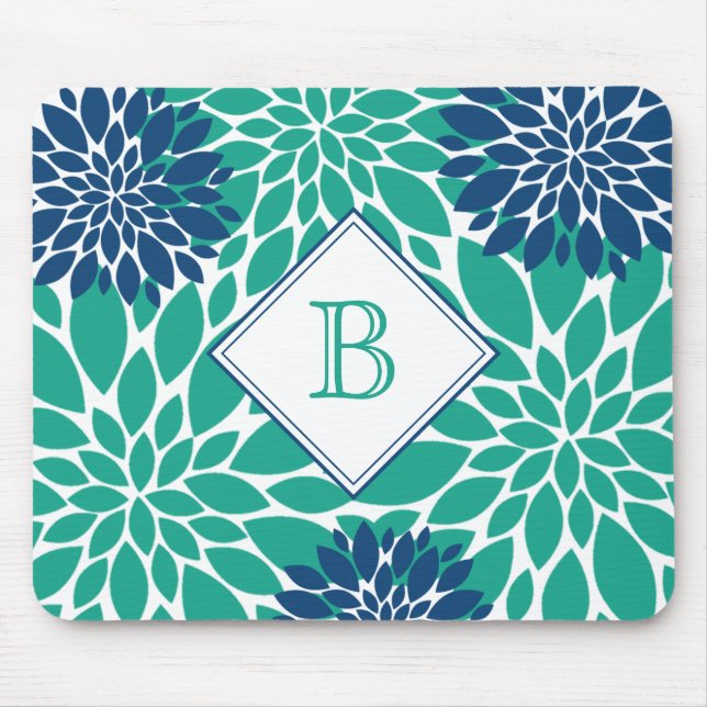 Tapis De Souris Bleu et vert fleurs modernes Monogramme initial (Devant)