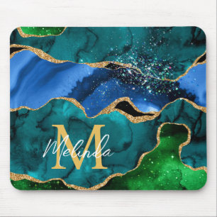 Tapis De Souris Bleu et vert Peacock Faux Parties scintillant Agat