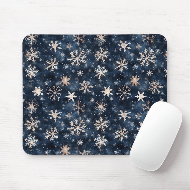 Tapis De Souris Bleu foncé simple avec flocons de neige (Avec souris)