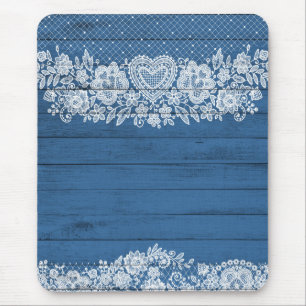 Tapis De Souris Bleu Rustique Bois & Blanc dentelle dentelle lacy 
